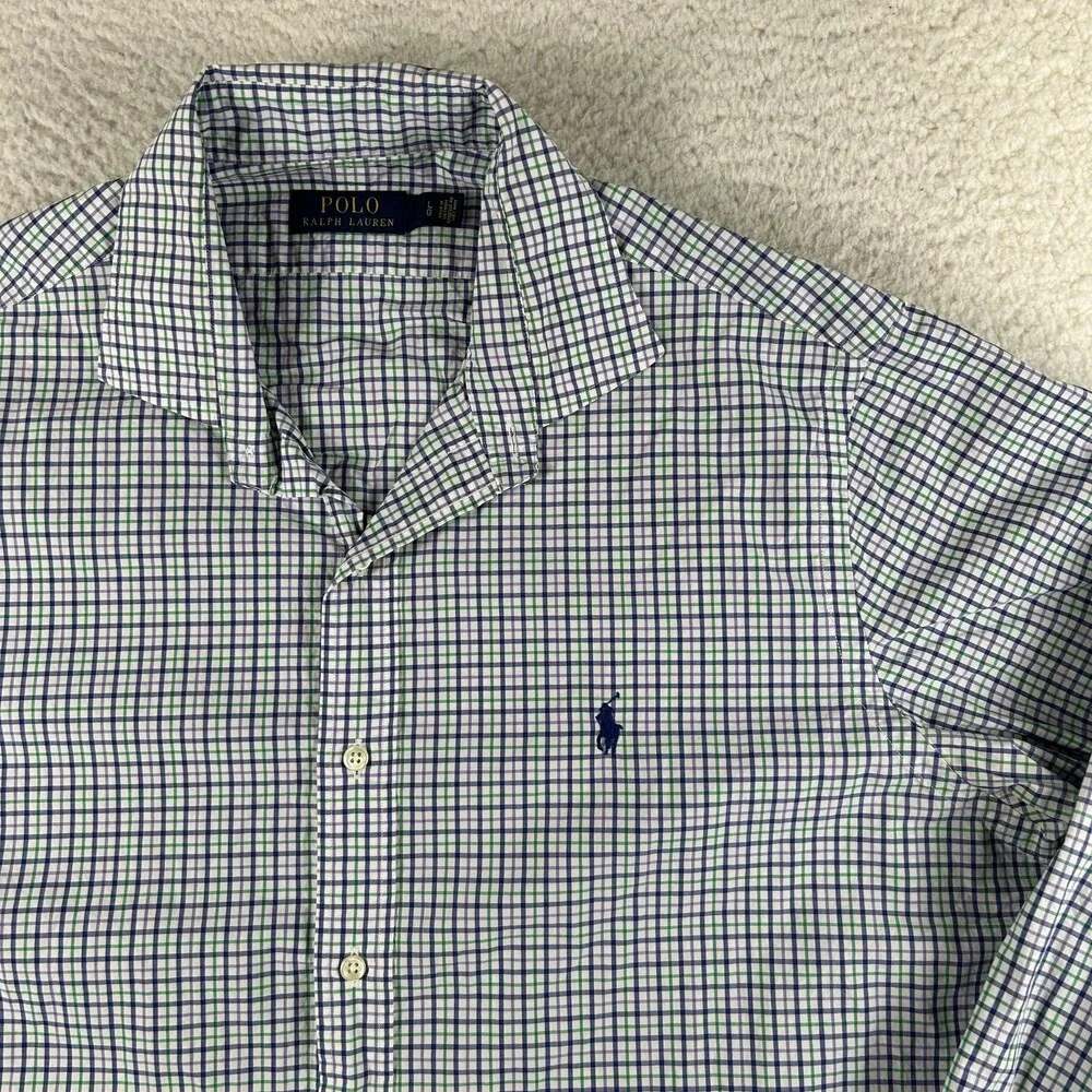 Polo Ralph Lauren Shirt Mens Large Blue Green Check Long Sleeve Button Down